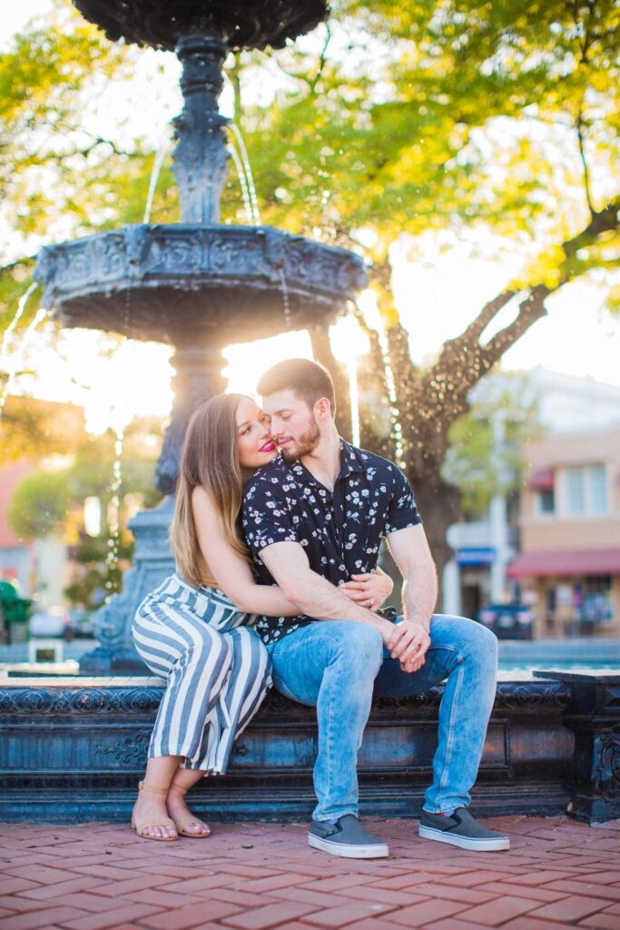 Liz and Ruben engagement at the fountain downtown New Braunfels