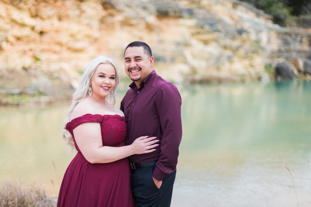 Katie and Gabe engagement session Canyon Lake dam gorge on the island yellow wall portrait
