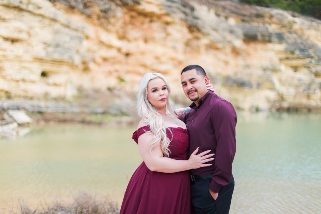Katie and Gabe engagement session Canyon Lake dam gorge on the island yellow wall dramatic portrait