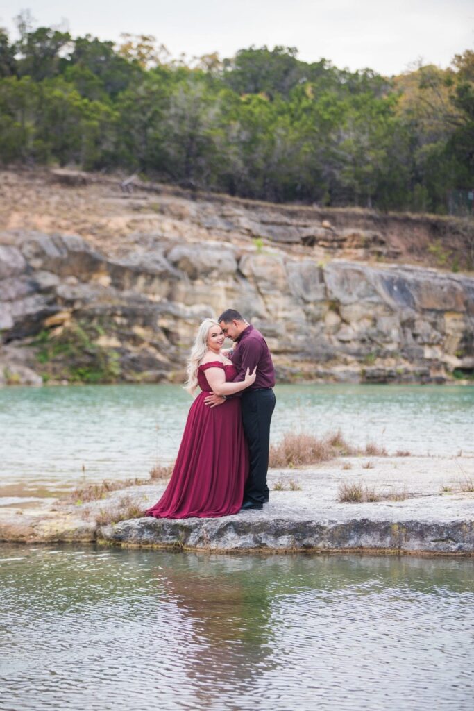 Katie and Gabe engagement session Canyon Lake dam gorge on the island looking at ea other close up