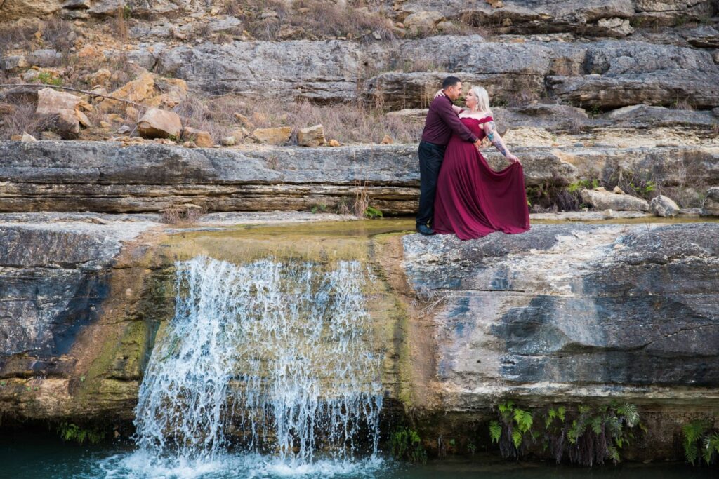 Katie and Gabe engagement session Canyon Lake dam gorge on water fall