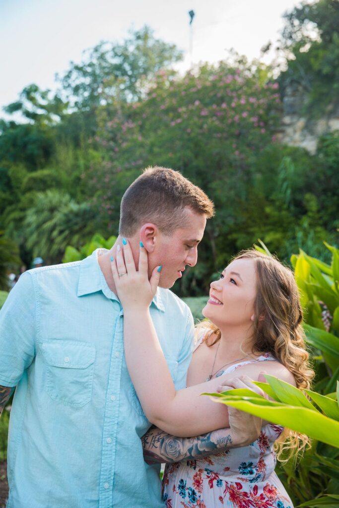 Kristina and Brandon Engagement session Japanese tea gardens his face