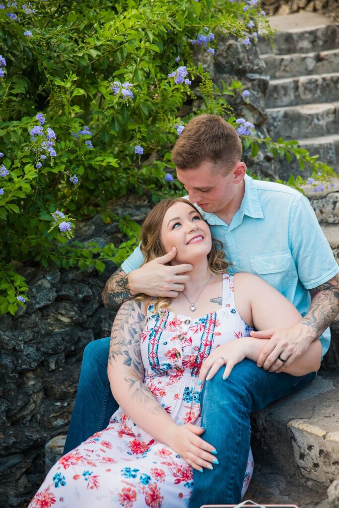 Kristina and Brandon Engagement session Japanese tea gardens sitting on stairs