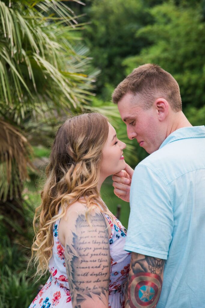 Kristina and Brandon Engagement session Japanese tea gardens holding her chin