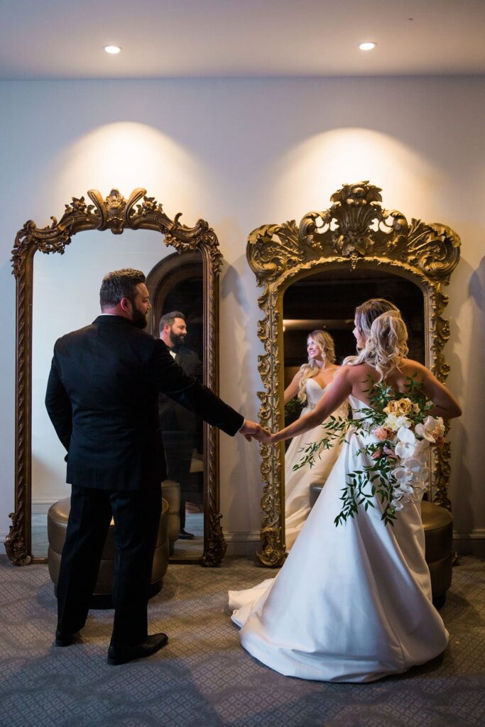 St Anthony Styled wedding groom and bride in mirror