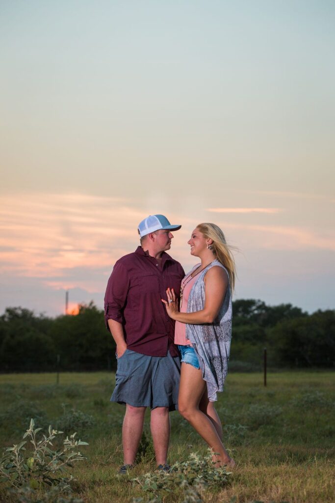 Whitney and Craig's ranch Engagement session at sunset vivid