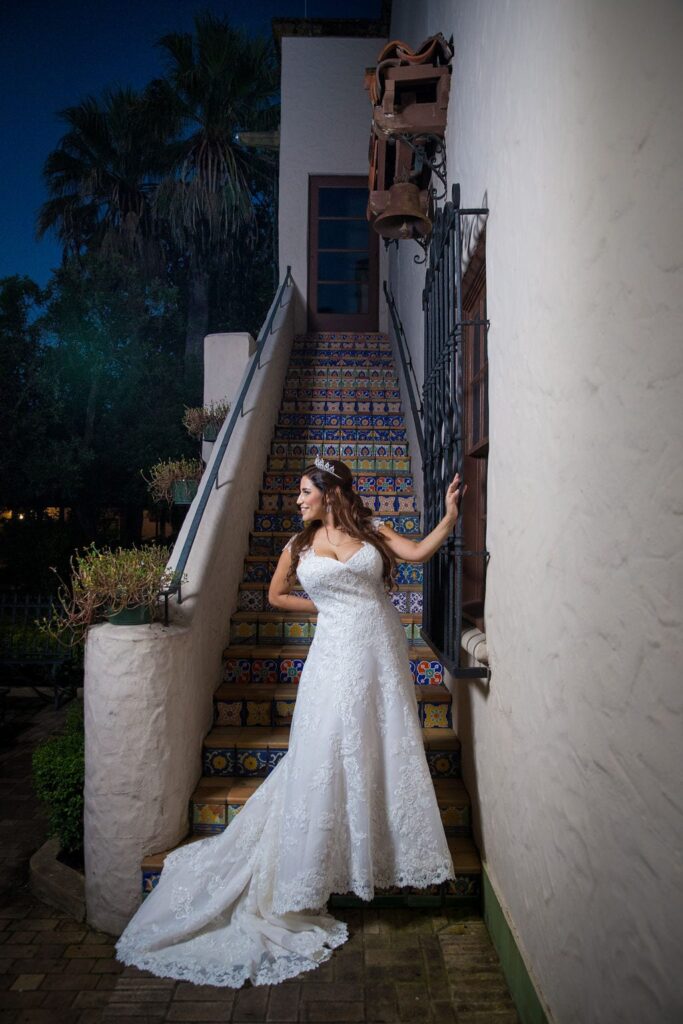 Mary Elizabeth's bridal at the McNay tiled stair front of dress