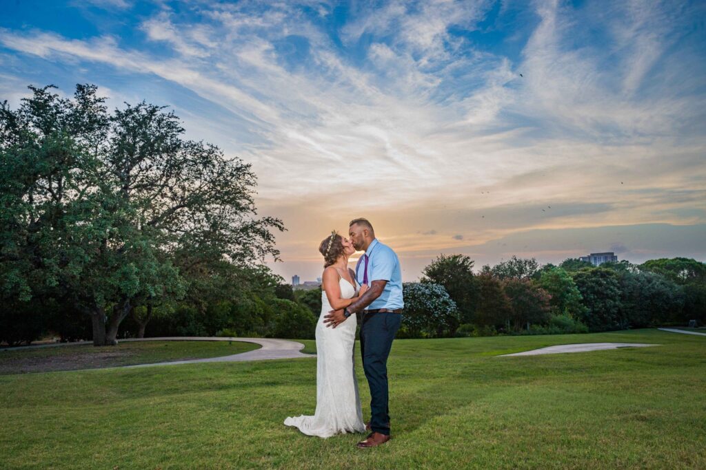 Courtney Amaya wedding San Antonio Botanical Garden couple at sunset