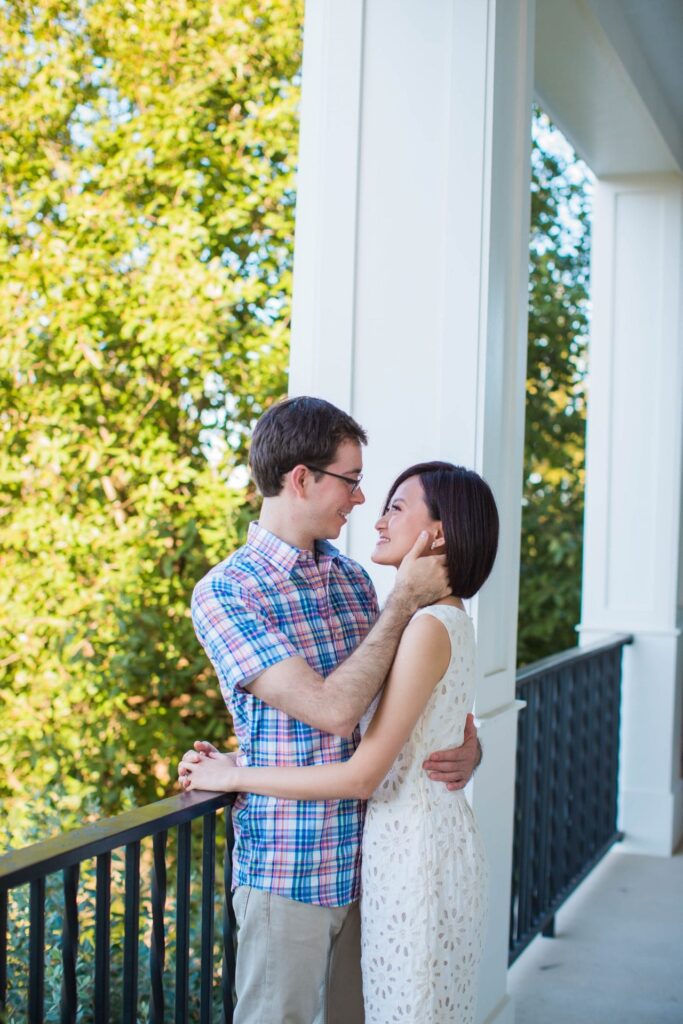 Josh and Tina engagement session at Kendall plantation on the porch