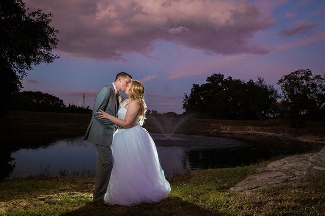 Kristina and Brandon's Wedding at Kendall plantation sunset at the pond