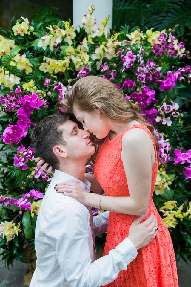 Claire & Josh engagement session San Antonio Botanical Gardens orchid wall romance