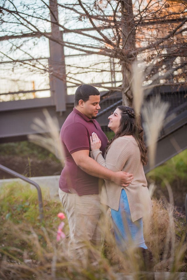 Dana and Andrews engagement session at the Pearl though the grass