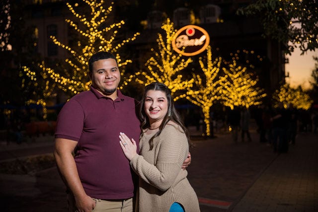 Dana and Andrews engagement session at the Pearl lights with sign