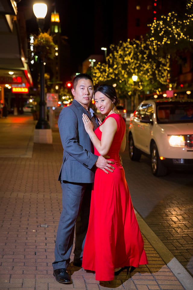 Sarah and Ming's Engagement downtown embrace