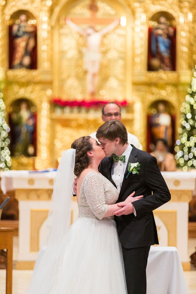 Allison wedding downtown San Antonio San Fernando Cathedral ceremony kiss