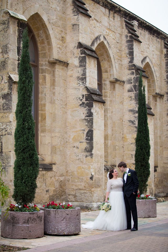 Allison wedding downtown San Antonio side of San Fernando Cathedral full length