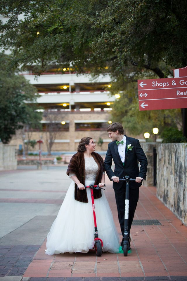 Allison wedding downtown San Antonio riverwalk couple on scooter in La Villitia
