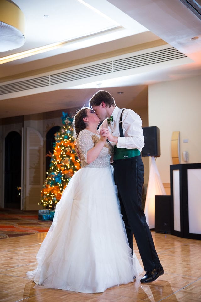 Allison wedding downtown San Antonio Hilton Del Palacio couple first dance with Christmas tree