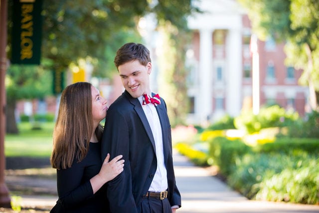 Allison's engagement Baylor University on the walkway hugging