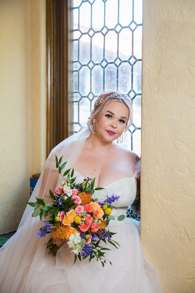 Katie's Bridal session at the McNay sitting in the window close up