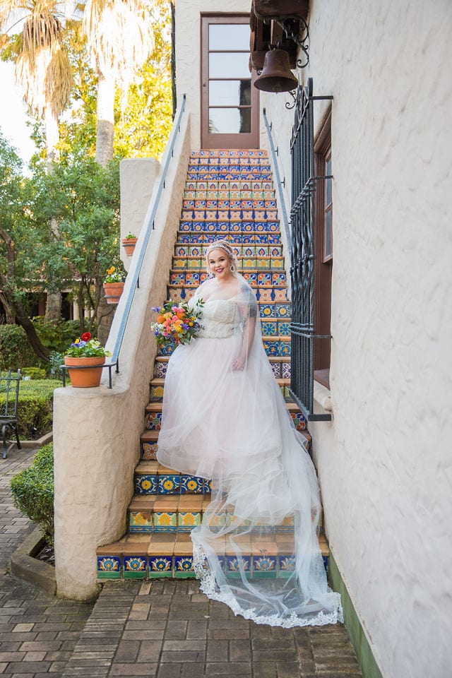 Katie's Bridal session at the McNay posed on the outside staircase