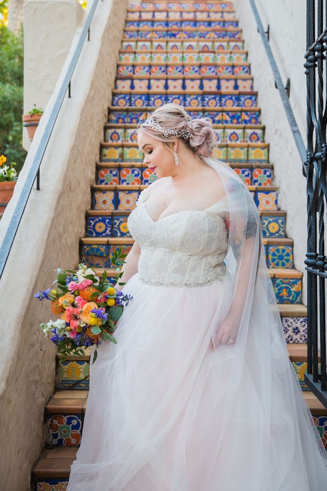 Katie's Bridal session at the McNay looking down on the tile stair case