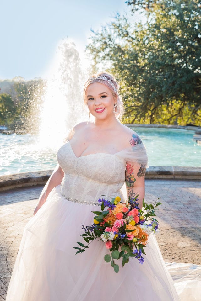 Katie's Bridal session at the McNay in front of the outdoor fountain