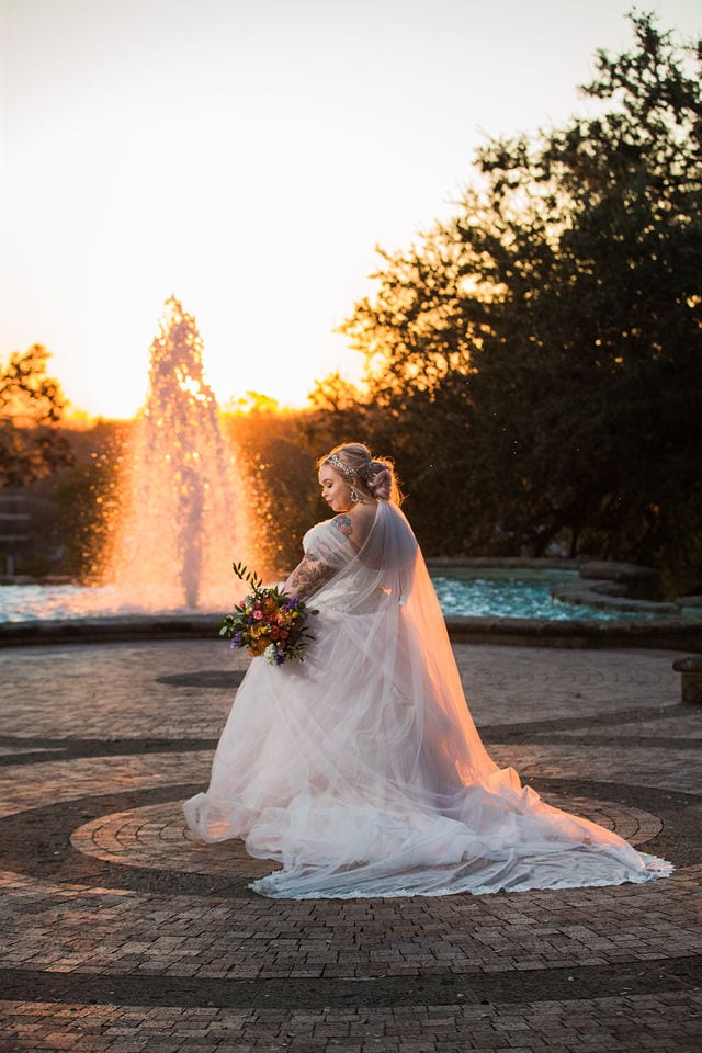 Katie's Bridal session at the McNay golden sunset by the fountain