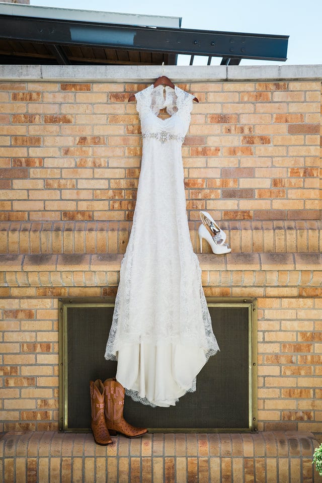 Kimb wedding gown hanging at Hotel Emma