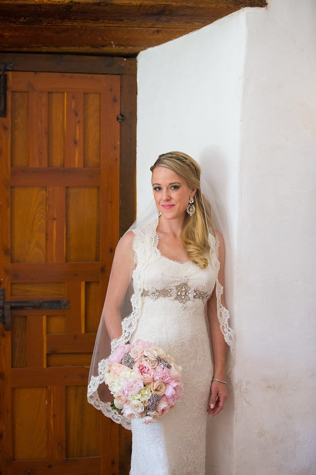 Kimb bridal at Mission Conception bridal portrait in the door