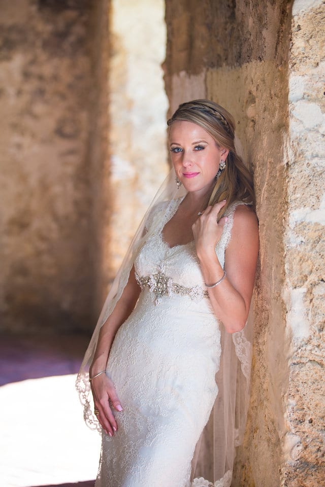 Kimb bridal at Mission Conception portrait by arches serious