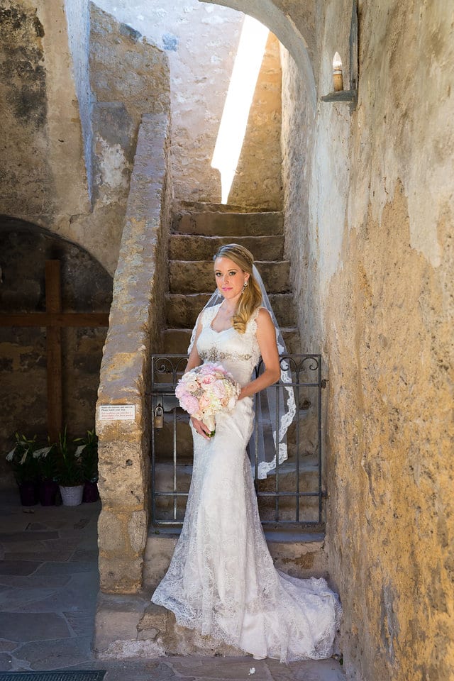 Kimb bridal at Mission Conception portrait by the gate traditional