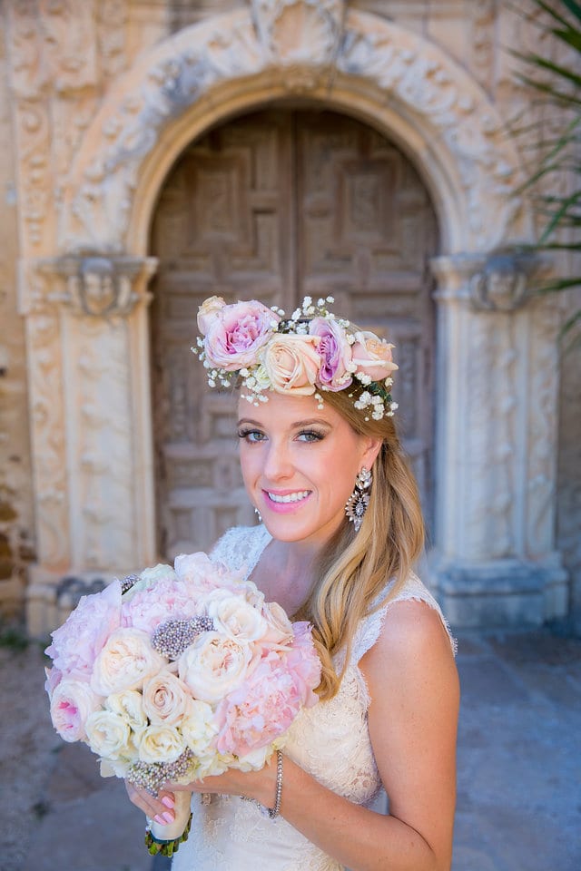 Kimb bridal at Mission San Jose Rose floral crown portrait