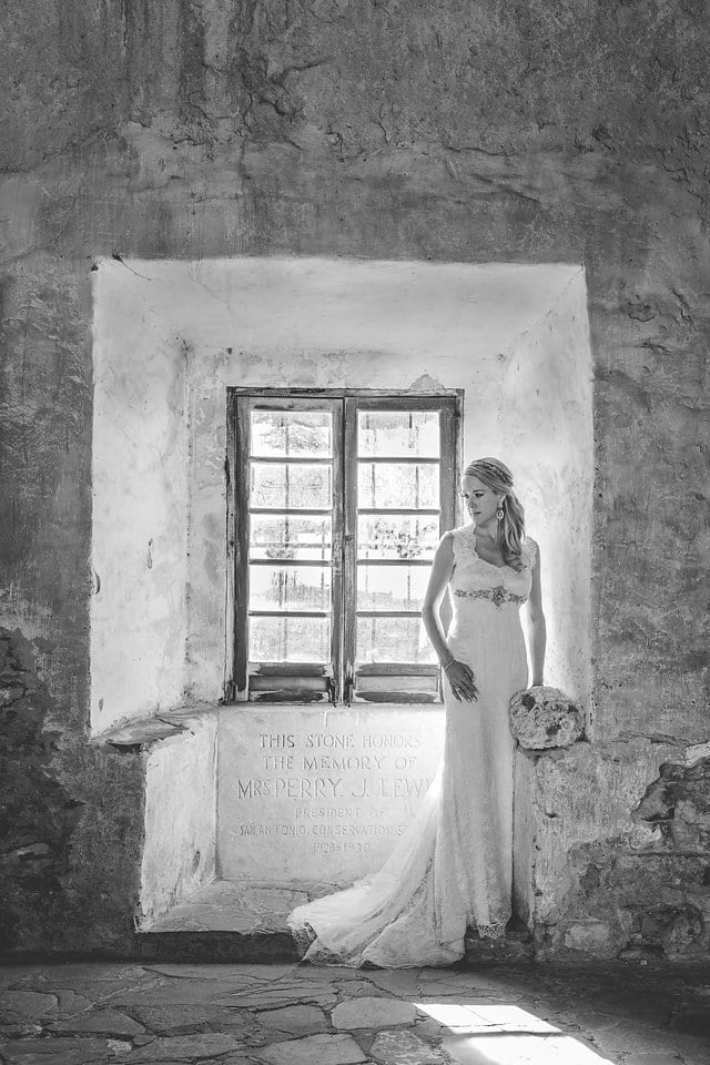 Kimb bridal at Mission San Jose Rose granary window black and white