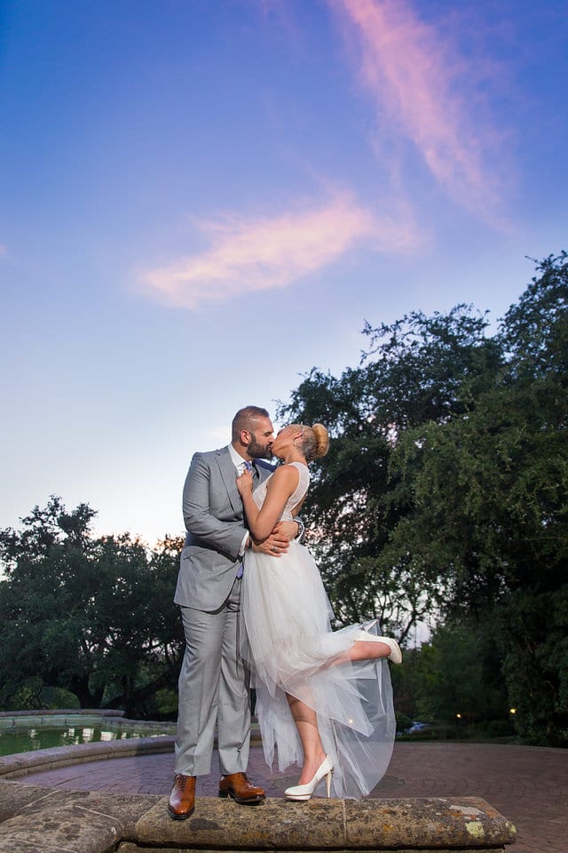Nick and Liz wedding couple portraits at the McNay Art Museum at sunset