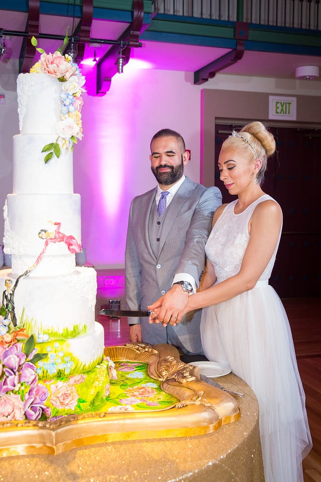 Nick and Liz wedding reception at the McNay Art Museum reception cake cutting