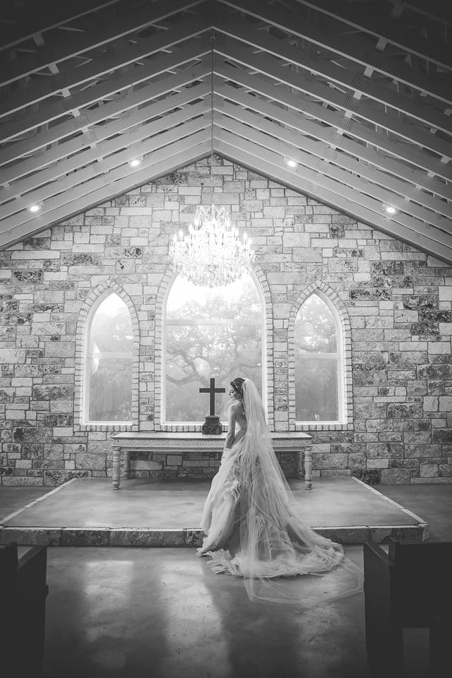 Victoria's bridal at The Chandelier of Gruene in the chapel black and white