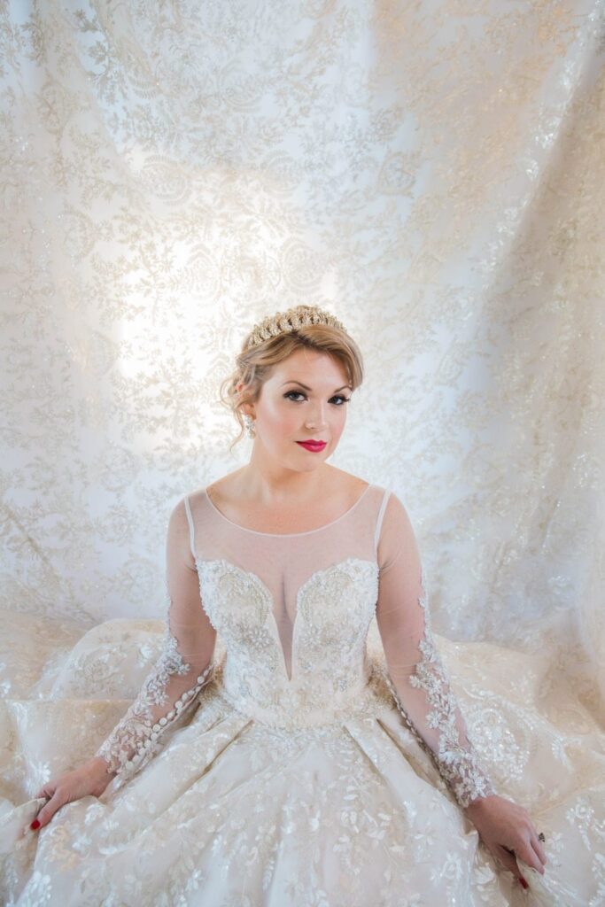 Styled shoot Chandelier of Gruene Christmas Bride portrait with dress