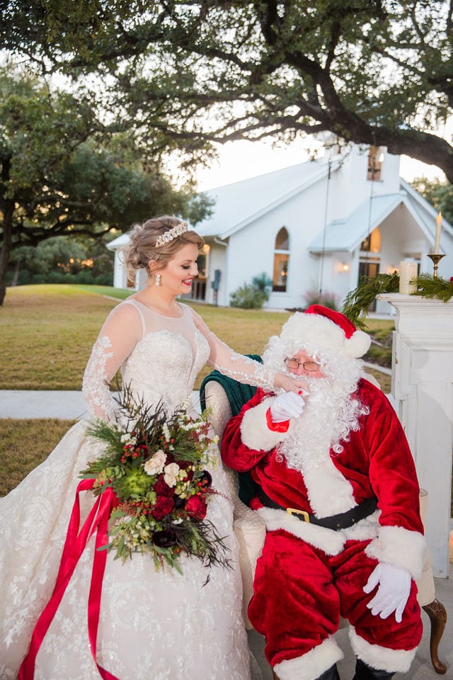 Styled shoot Chandelier of Gruene Christmas Santa and bride