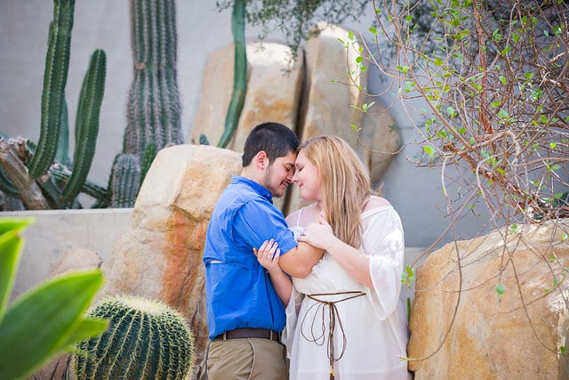 Cantu engagement San Antonio Botanical Garden desert atrium heads touching