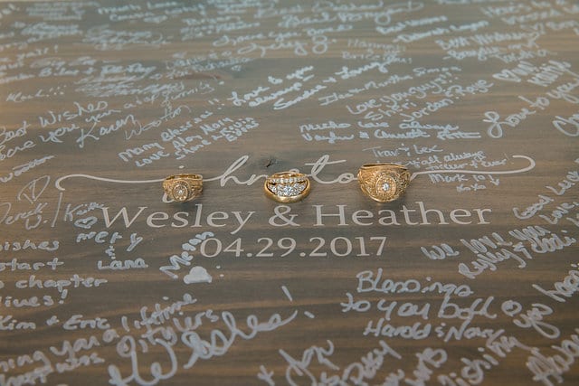 Heather and Wesley's Wedding, wood with names and date and rings