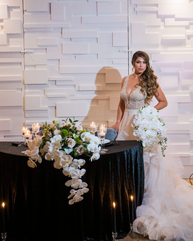 Styled wedding shoot at Olympia Hills San Antonio bride at head table portrait