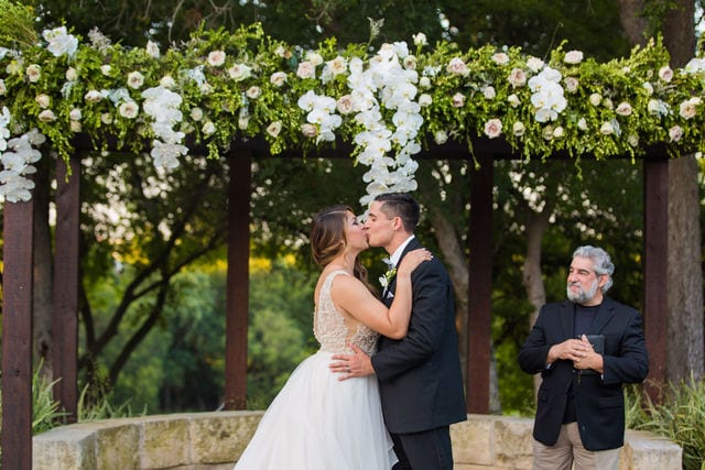 Styled wedding shoot at Olympia Hills San Antonio bride and groom at the ceremony kiss