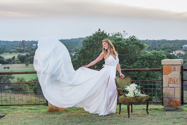 Rafter E Venue styled shoot bride's dress flying