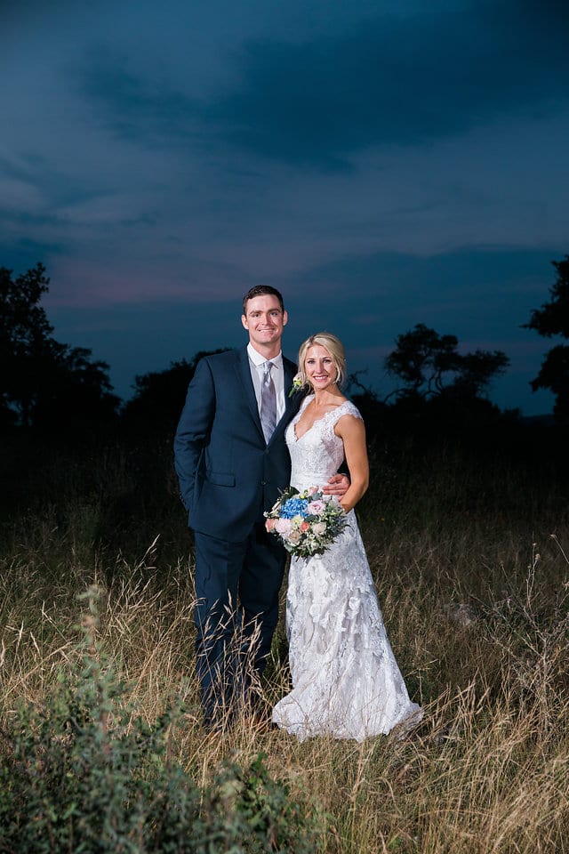 Anna and Trae New Braunfels Wedding Bride and Groom sunset portrait