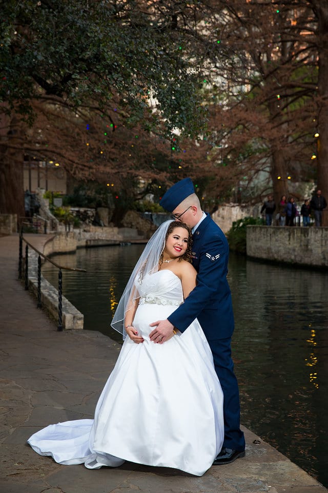 Sylvie and Matthew's Wedding, Bride and groom down town San Antonio, on the river