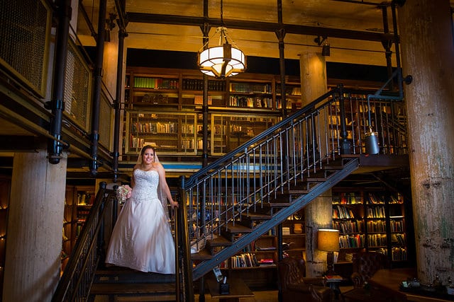 Annette bridal at Hotel Emma in the library on the staircase