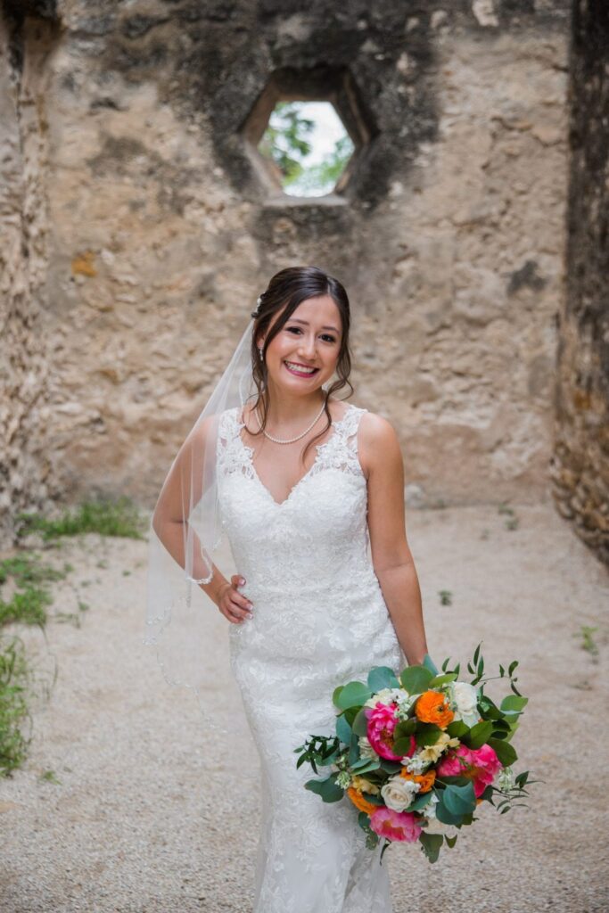 Gaby Bridal at Mission San Jose portrait in the walkway closeup