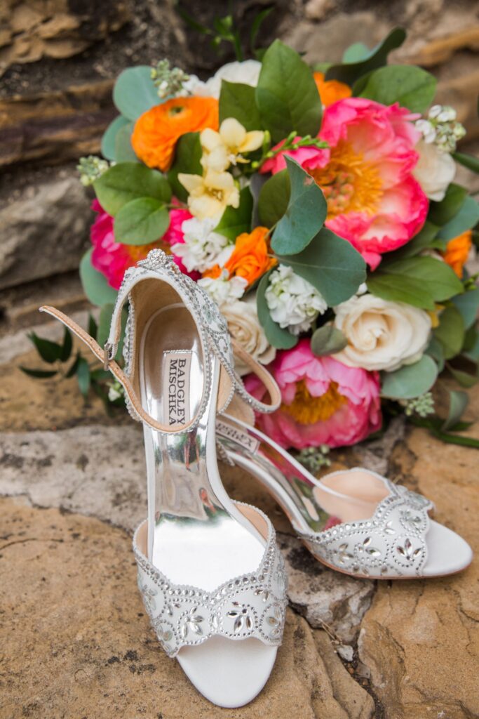 Gaby Bridal at Mission San Jose shoes and the bouquet