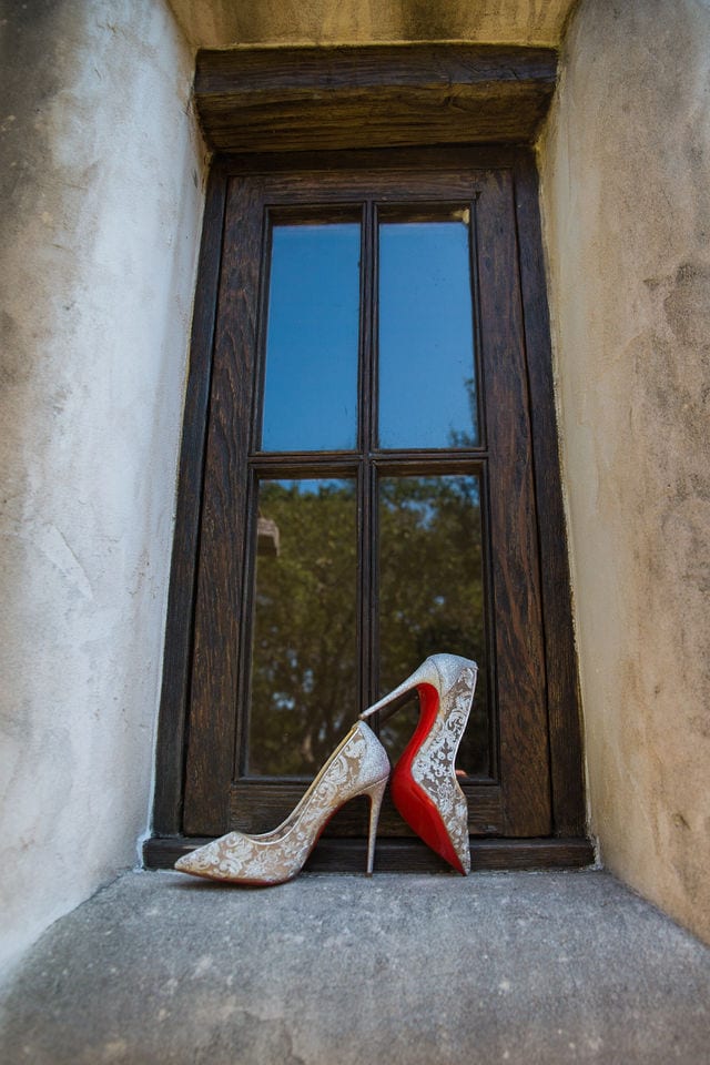 Kelsey wedding Lost mission shoes on the window